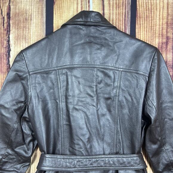 Wilsons Leather Womens S Brown Genuine Leather Belted Trench Coat Y2K Mid Length - Picture 7 of 11